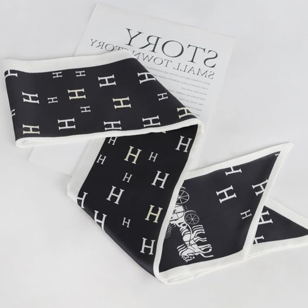 Black and White Luxury Silky Twilly Scarf w/ H Pattern Horse Carriage Expensive